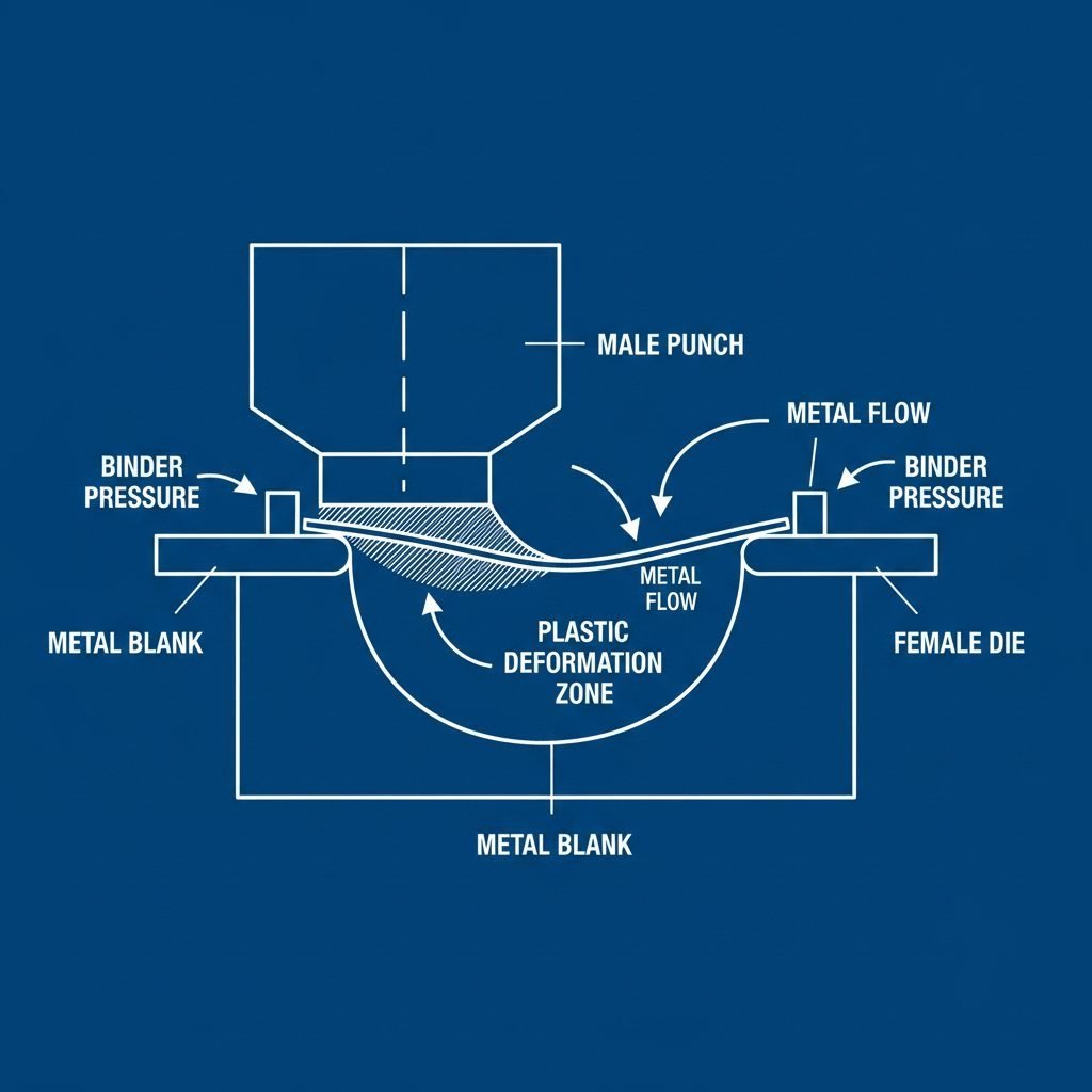 Diagram of deep drawing mechanics showing punch die and binder ring