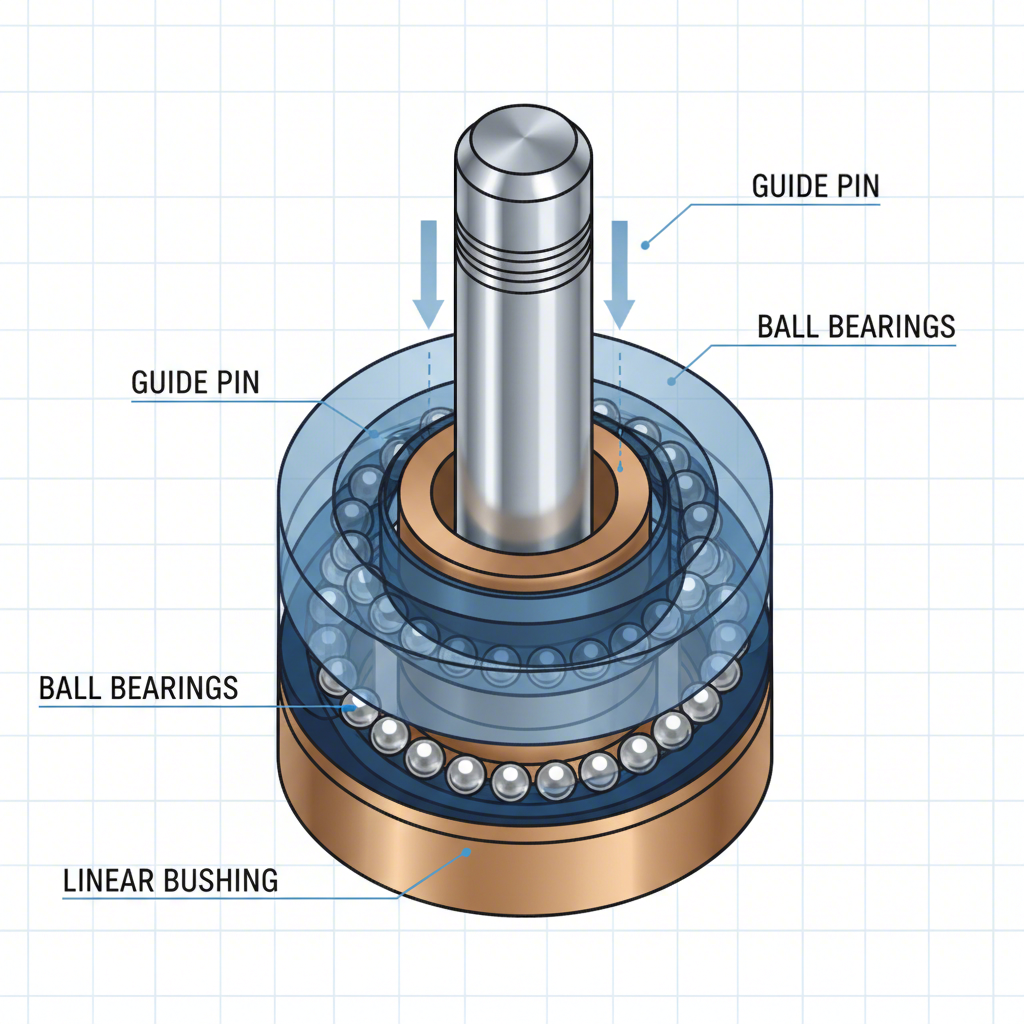 close up of a guide pin and bushing ensuring precise alignment in a die set