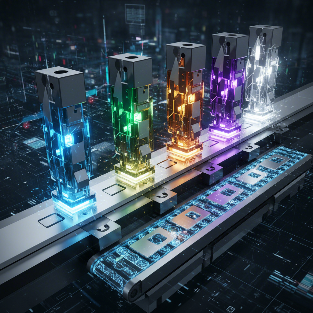 conceptual view of a metal strip moving through a progressive stamping die
