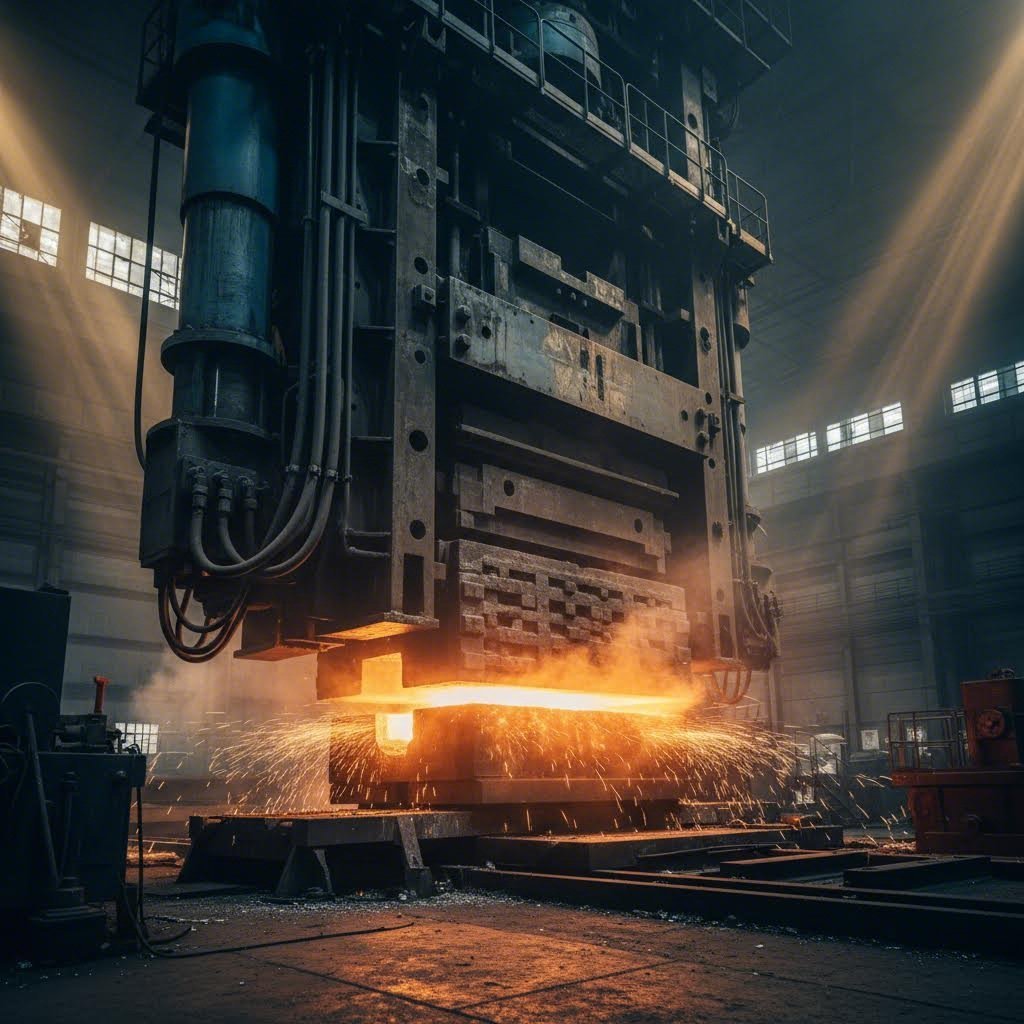 hydraulic forging press applying thousands of tons of pressure to shape aluminum billets