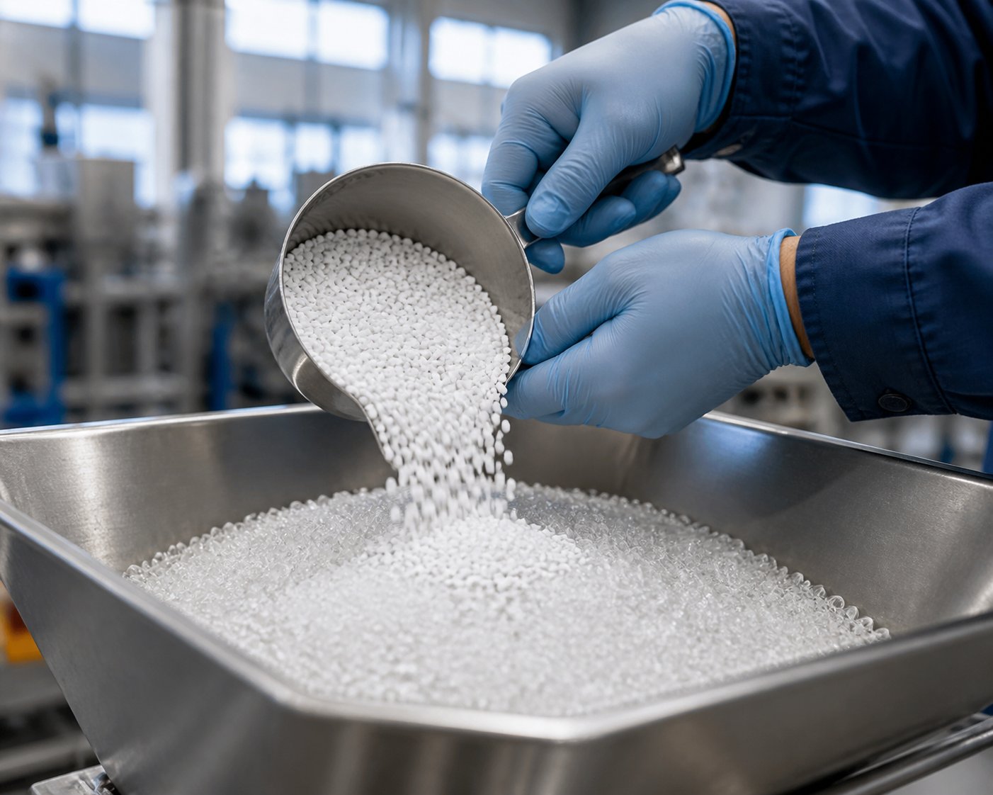 blending filler masterbatch pellets with virgin resin at a controlled dosage ratio