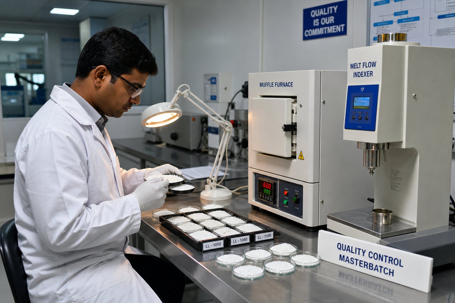 quality control testing of filler masterbatch pellets at an incoming inspection laboratory