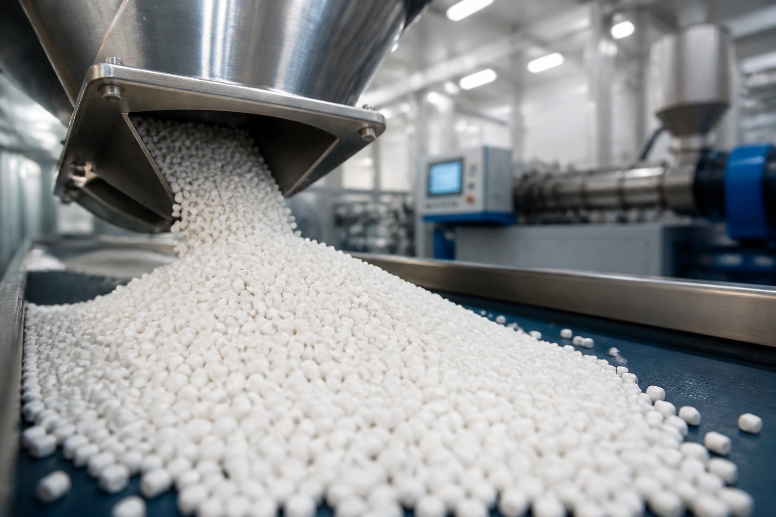 uniform filler masterbatch pellets ready for dosing into a plastic processing line