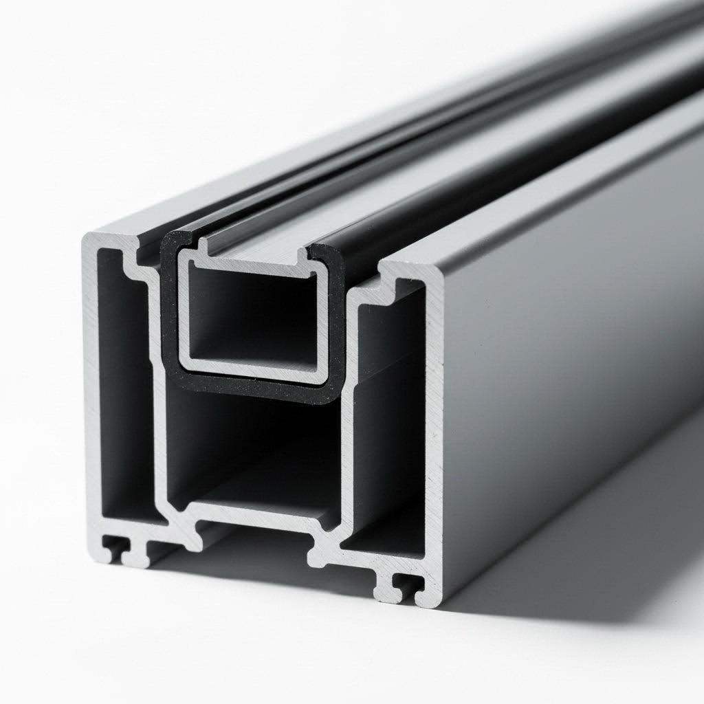 aluminum extrusion cross section showing thermal break barrier between interior and exterior frame sections