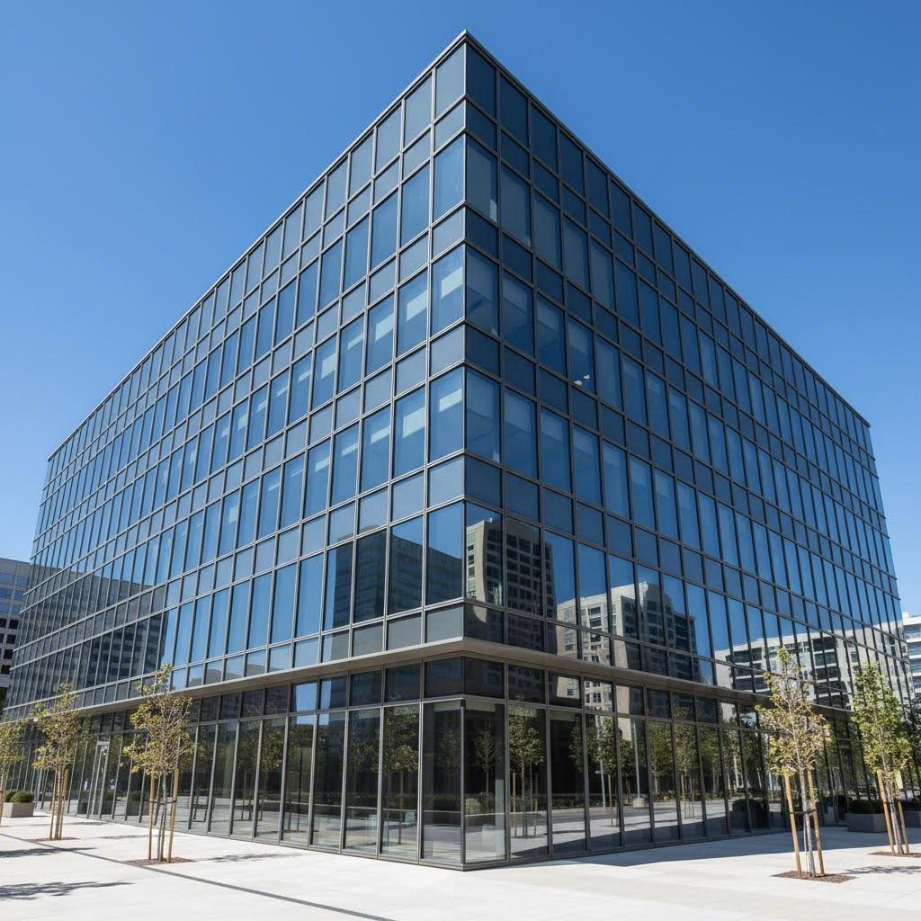 commercial building facade featuring thermally improved aluminum curtain wall system