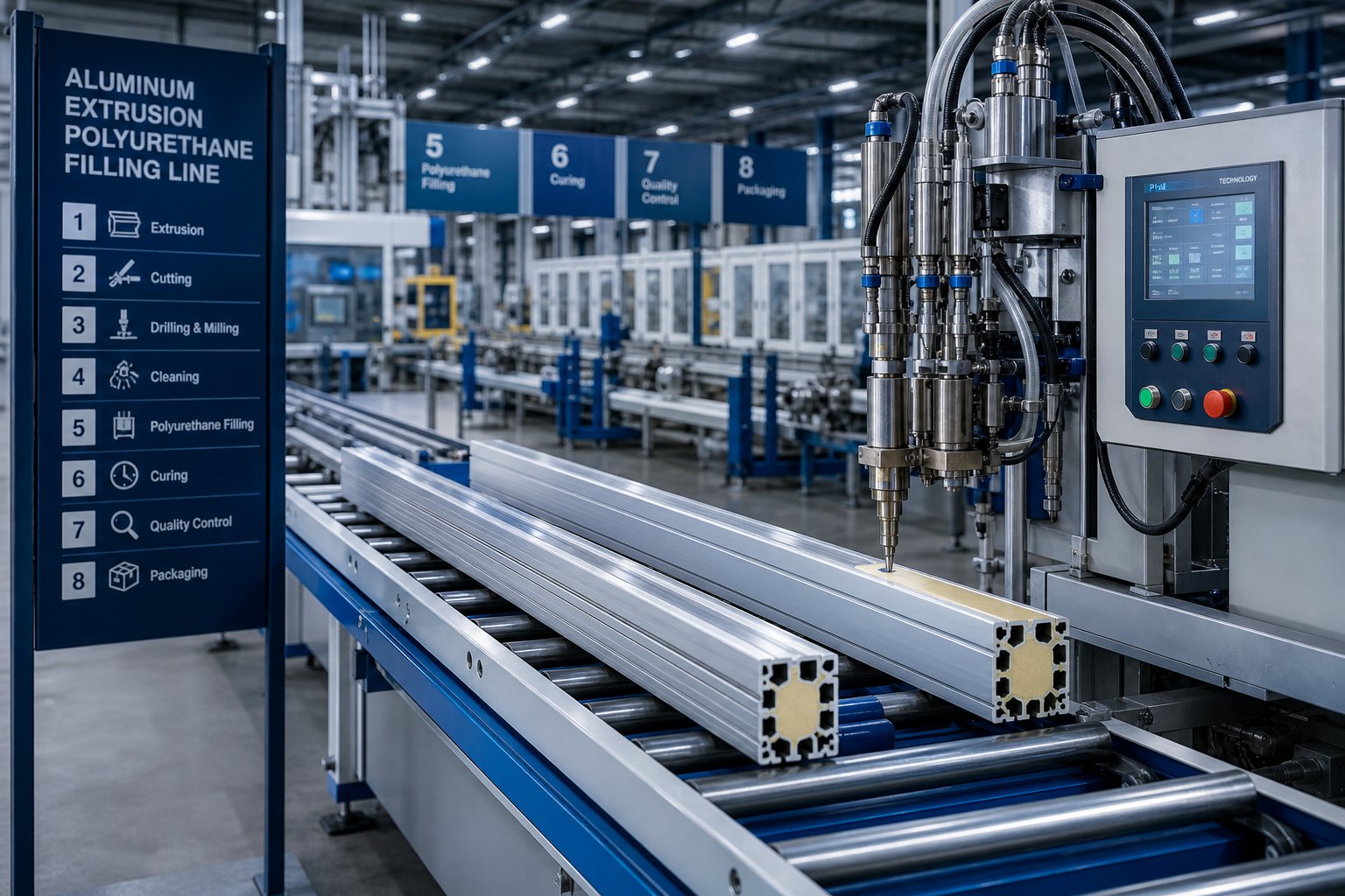 fill and debridge production line with aluminum profiles undergoing thermal barrier processing