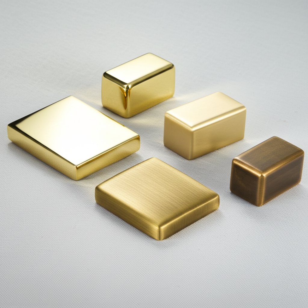 different brass hardware finishes displayed side by side