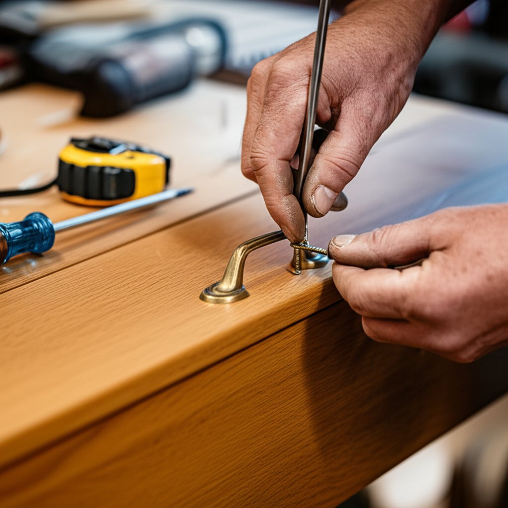 hands installing a brass cabinet pull with careful alignment