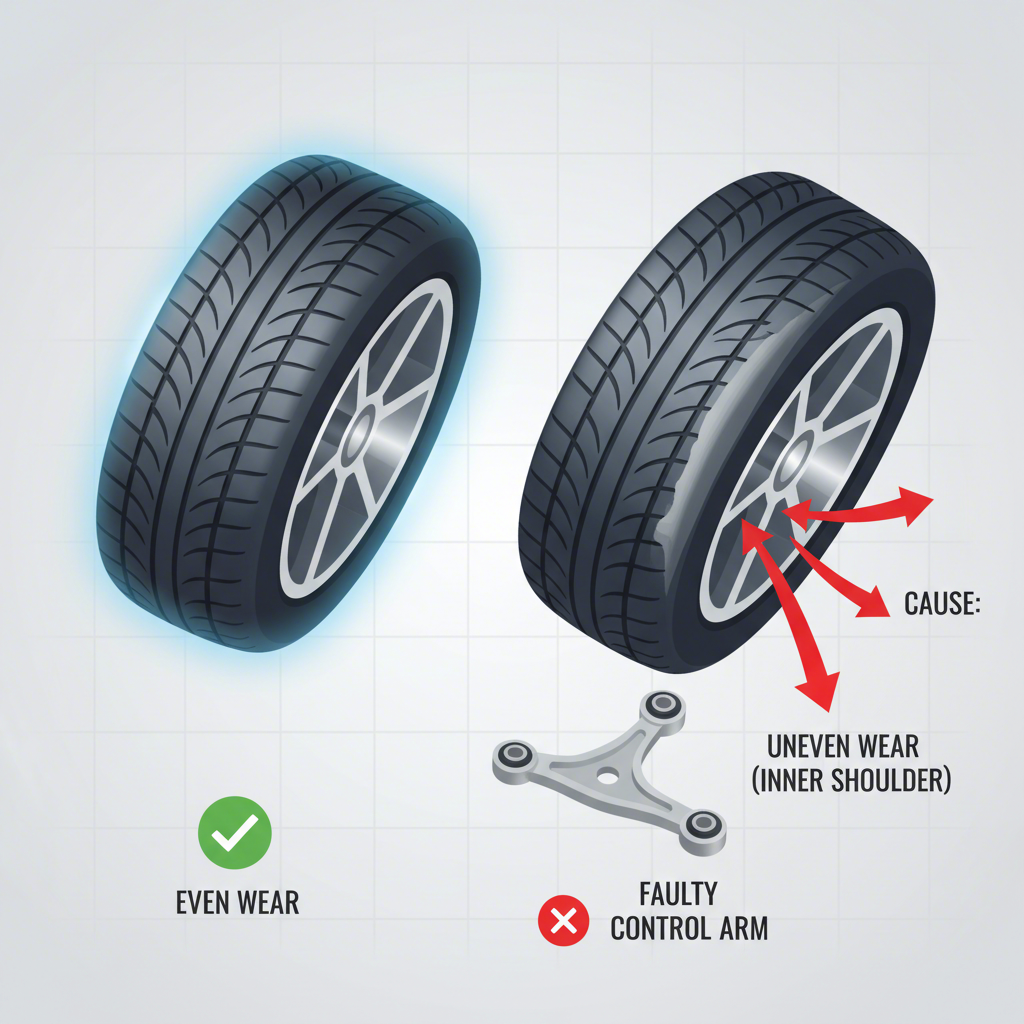 visual comparison of healthy tire wear versus uneven wear caused by a bad control arm