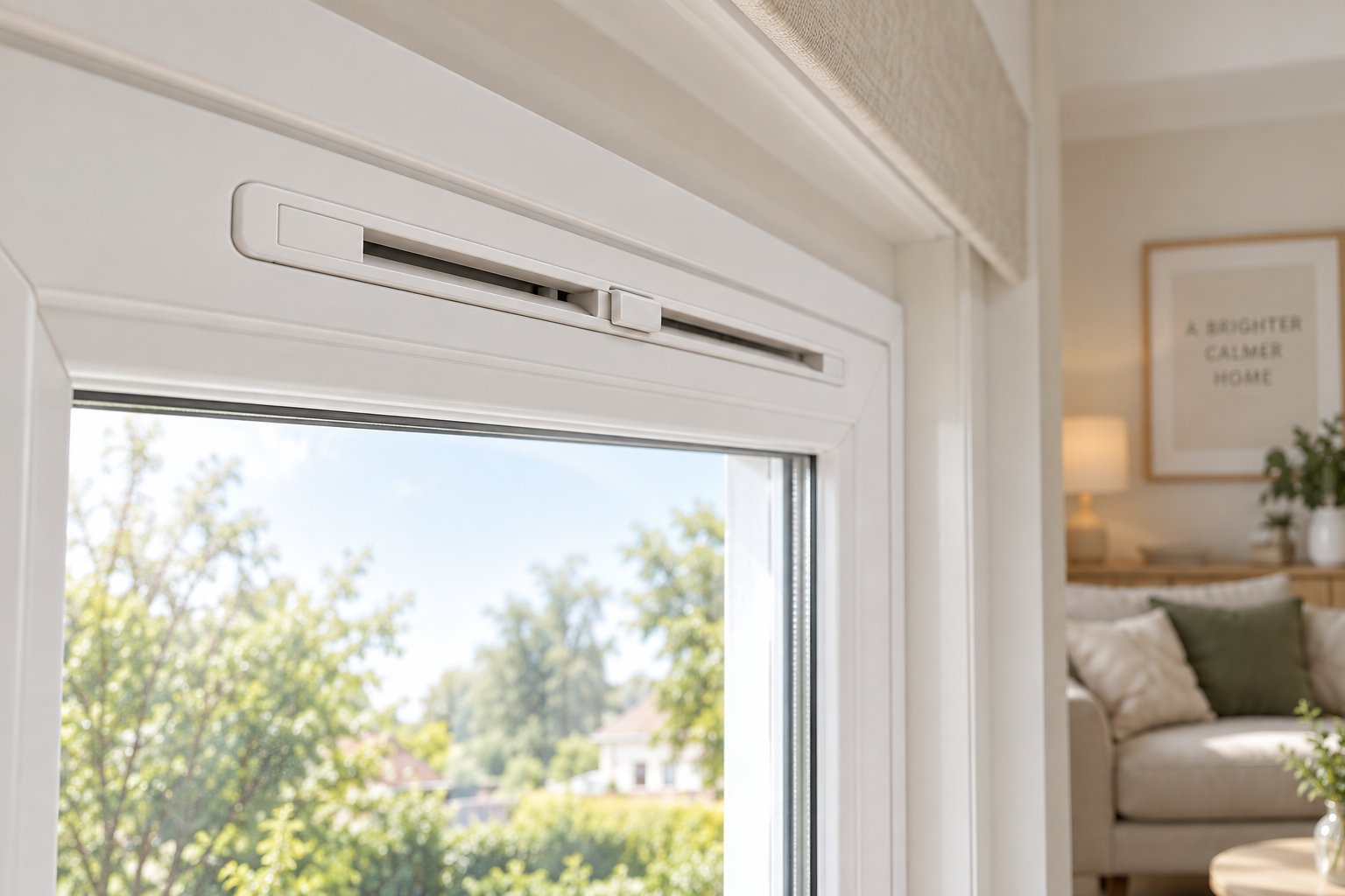 a trickle vent installed at the head of a window frame provides continuous background ventilation without opening the window