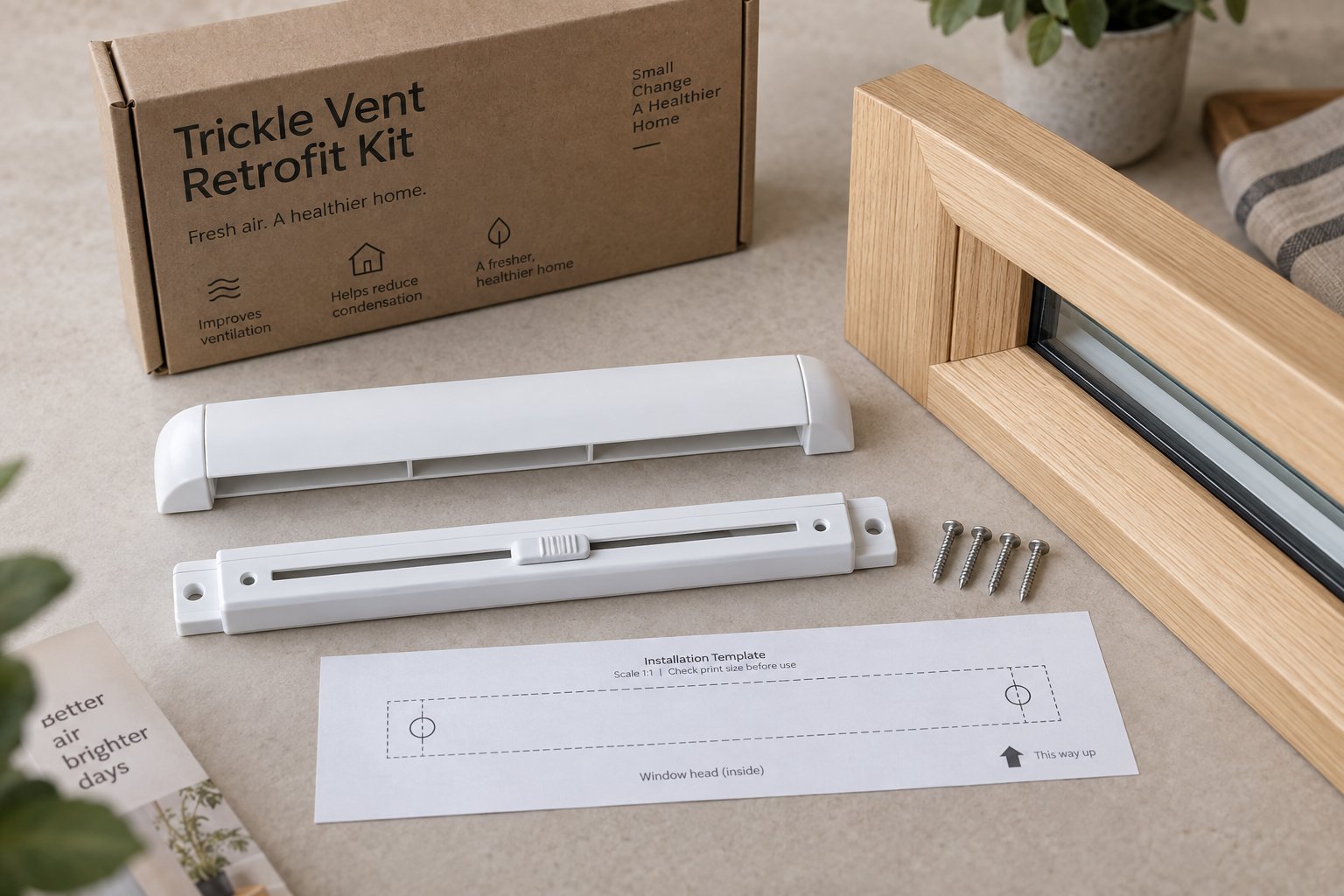 a typical trickle vent retrofit kit includes an external canopy internal vent body fixings and an alignment template