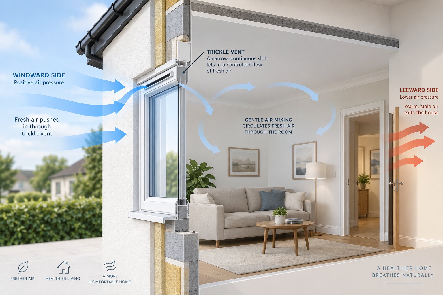 wind pressure and the stack effect drive fresh air through trickle vents using entirely natural forces