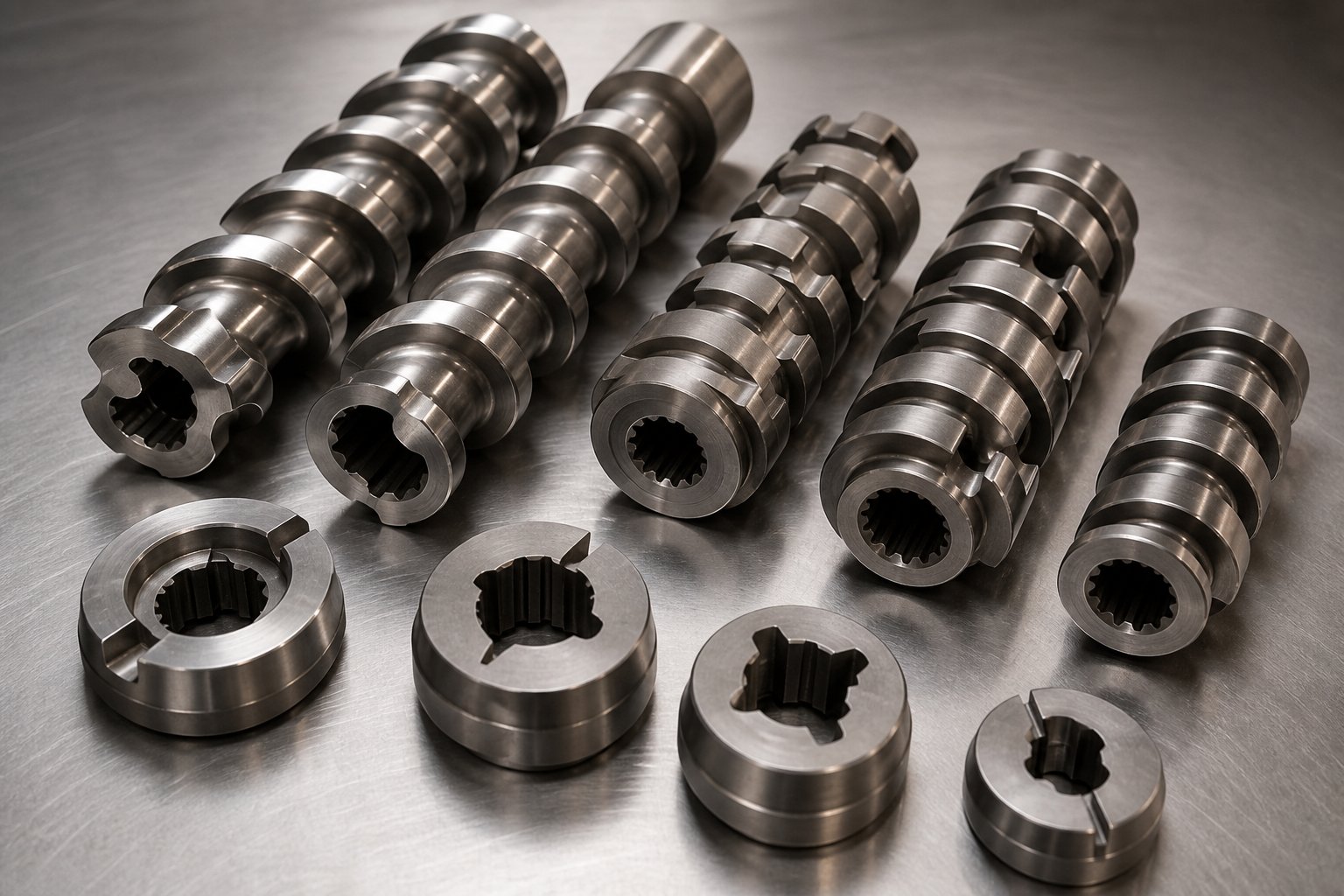 assorted twin screw extruder elements including conveying flights kneading blocks and reverse elements
