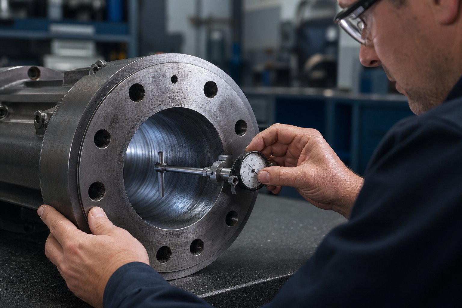 bore measurement of a twin screw extruder barrel during scheduled wear inspection and maintenance