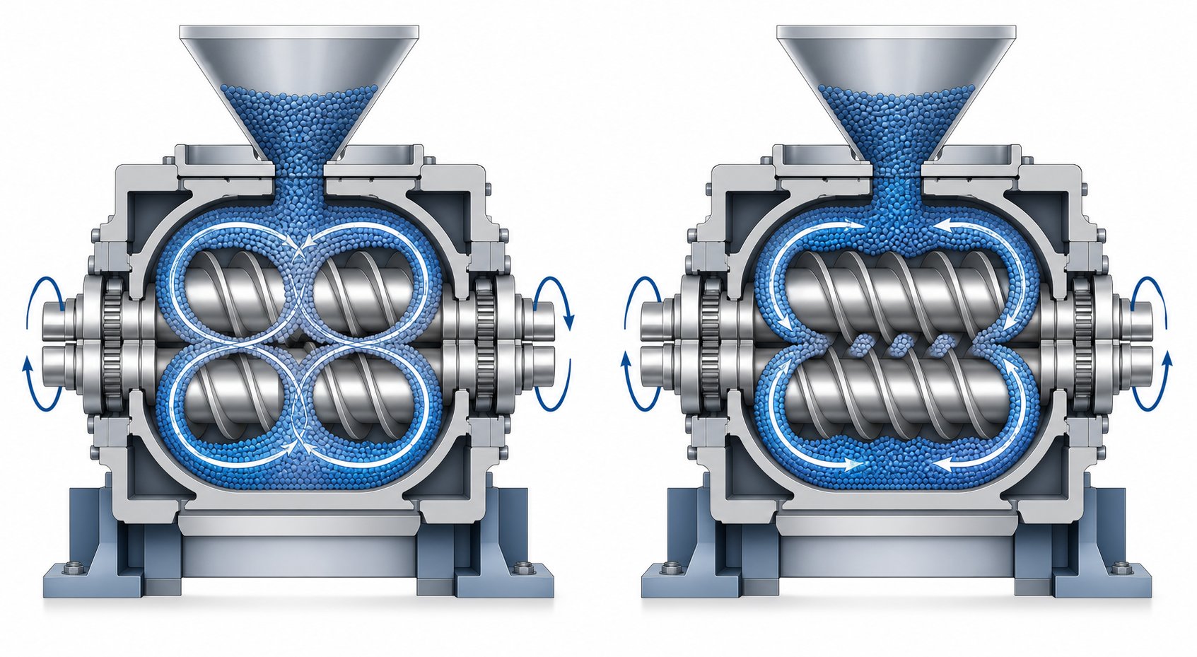 cross section comparison of co rotating and counter rotating twin screw flow patterns inside barrel bores