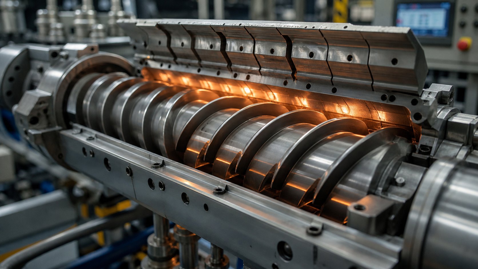 twin screw barrel extruder system showing intermeshing screws inside a segmented barrel with heating zones