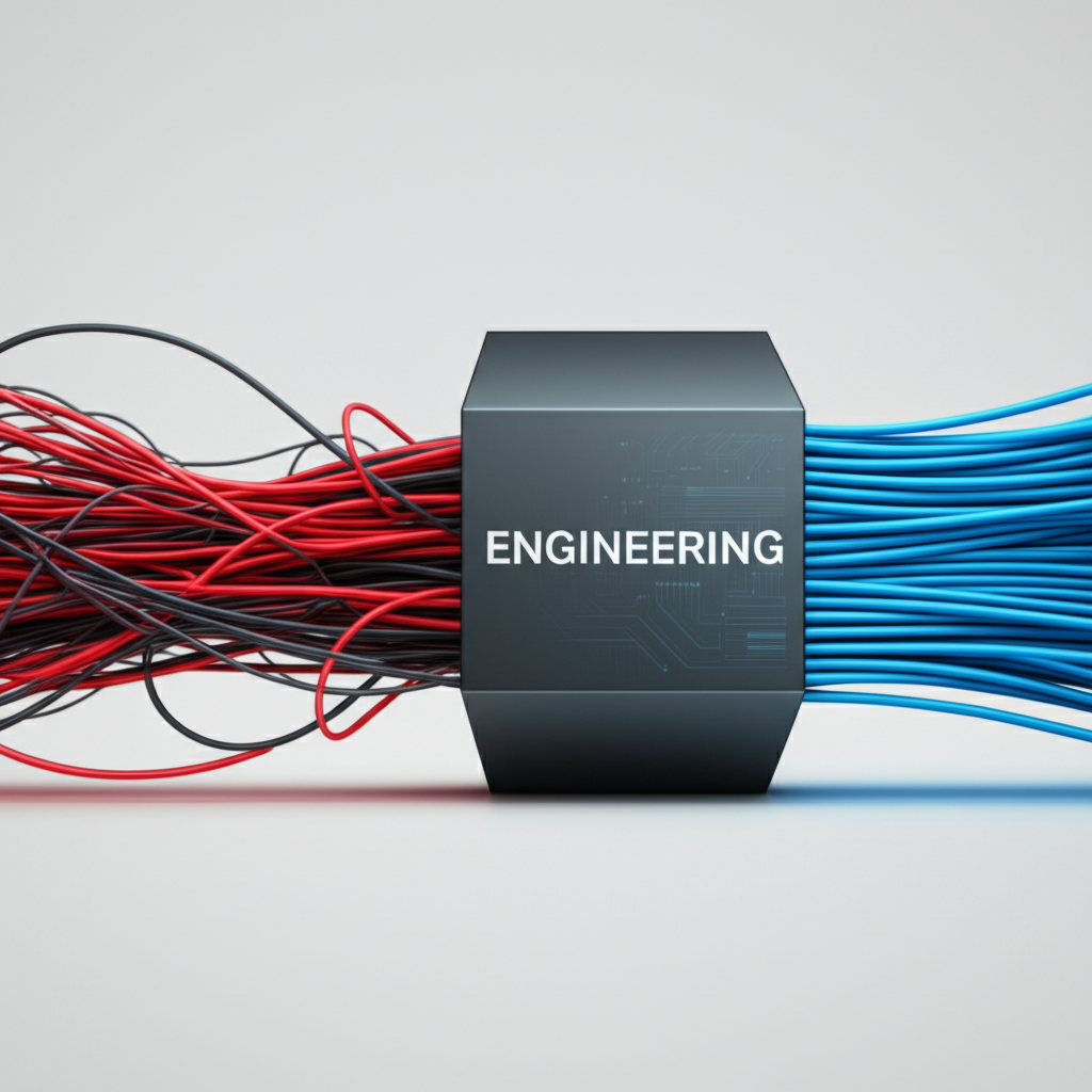 abstract visual representing manufacturing process optimization with chaotic lines becoming orderly through engineering