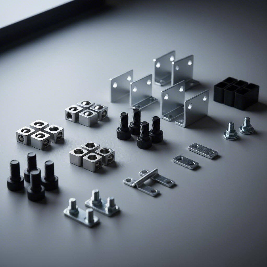 t slot hardware components including t nuts brackets and end caps