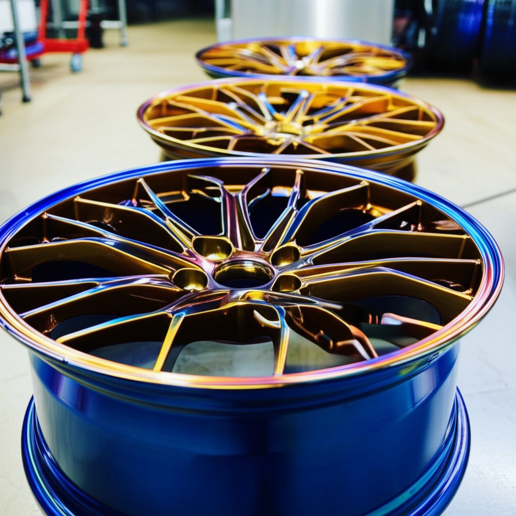 powder coated rims with a smooth durable finish in a professional workshop
