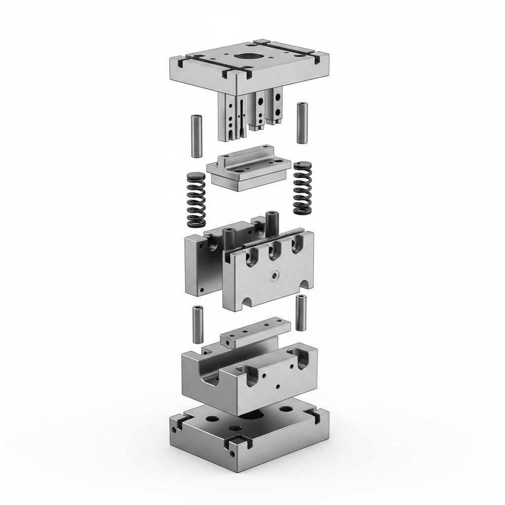 exploded view of essential stamping die components and their assembly