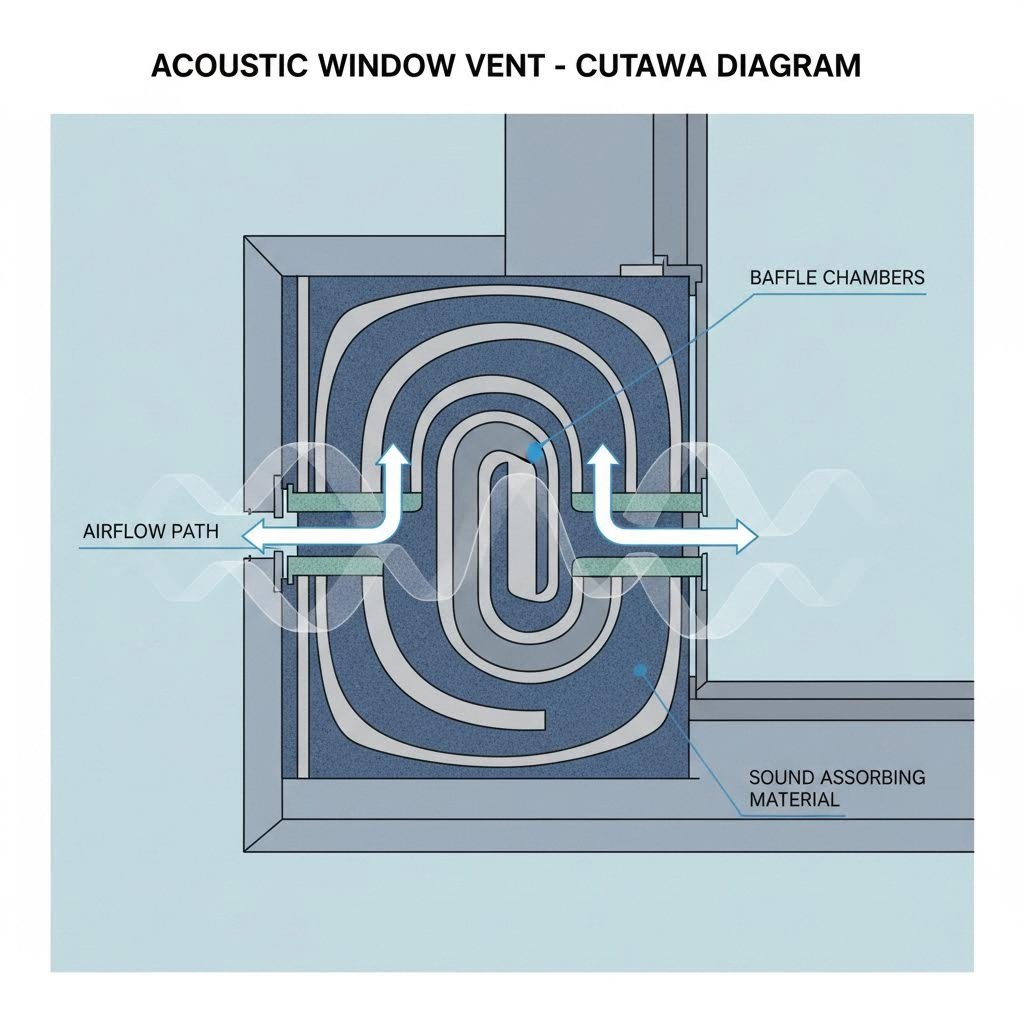 inside an acoustic vent sound waves lose energy traveling through baffled chambers while air flows freely