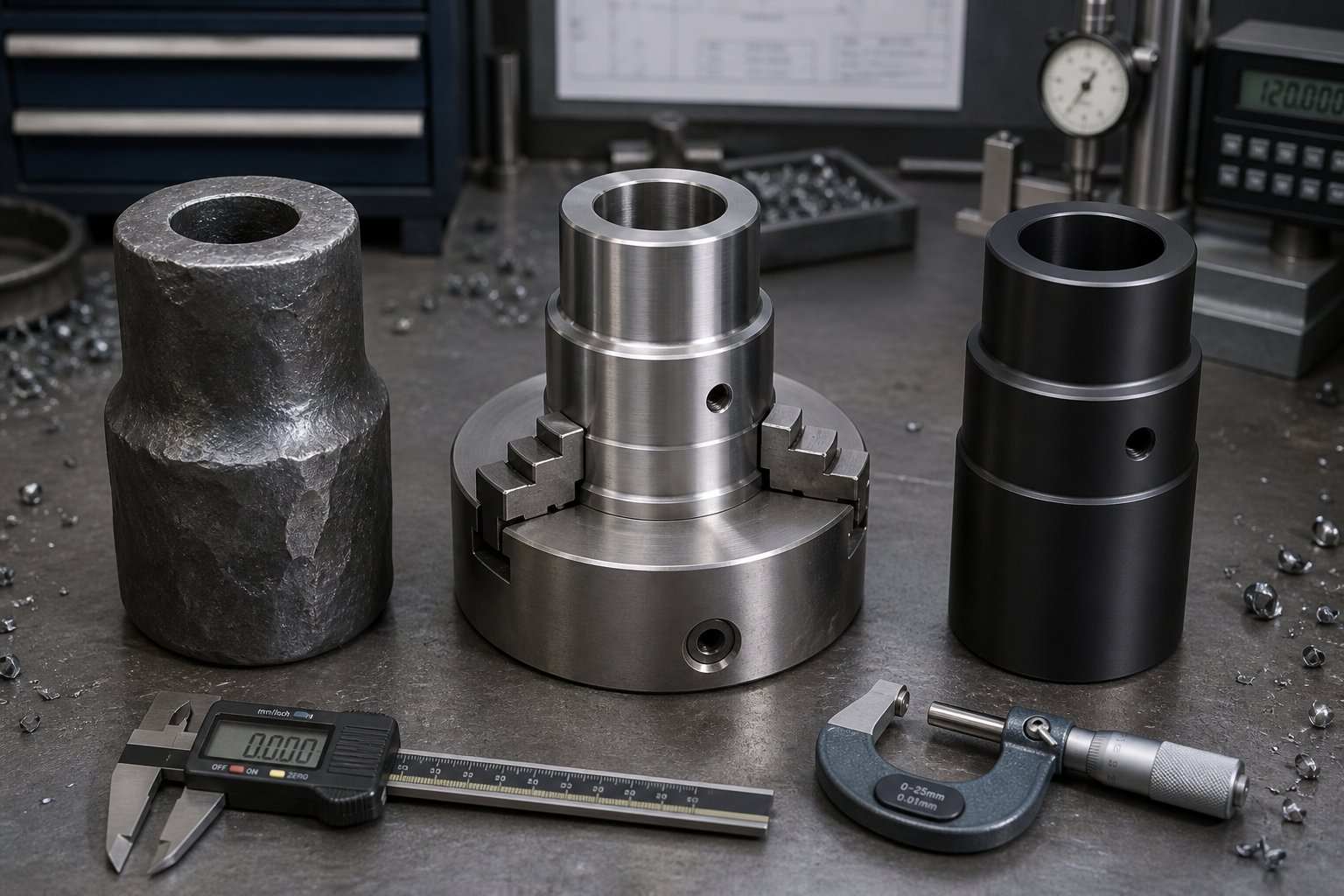 38crmoala components at different processing stages from raw forging through precision machining to final nitrided finish