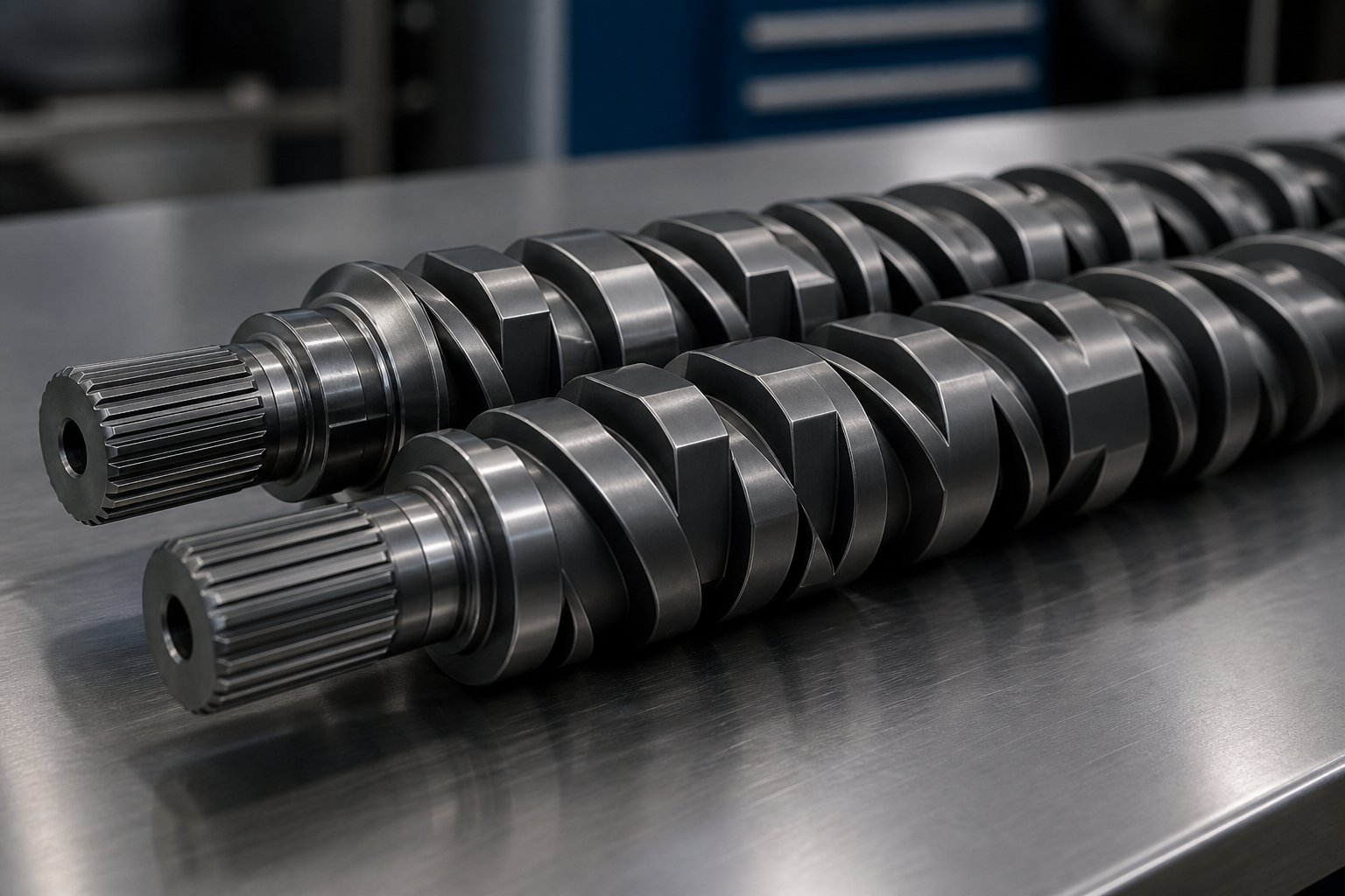 nitrided 38crmoala twin screw extruder elements including kneading blocks and conveying segments on a splined shaft