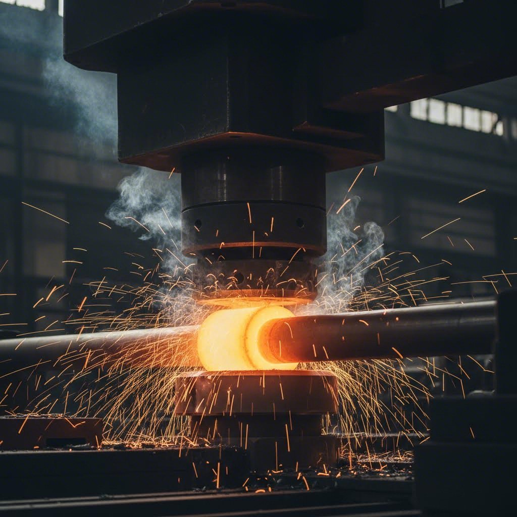 the upset stroke displaces heated metal radially to form robust axle flanges and mounting surfaces