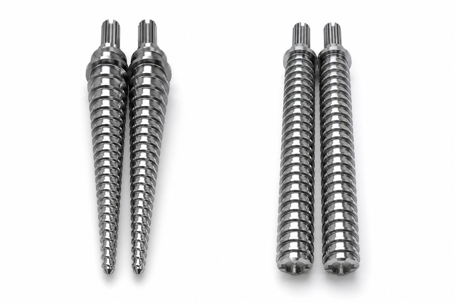 conical twin screws taper from feed to discharge while parallel twin screws maintain uniform diameter