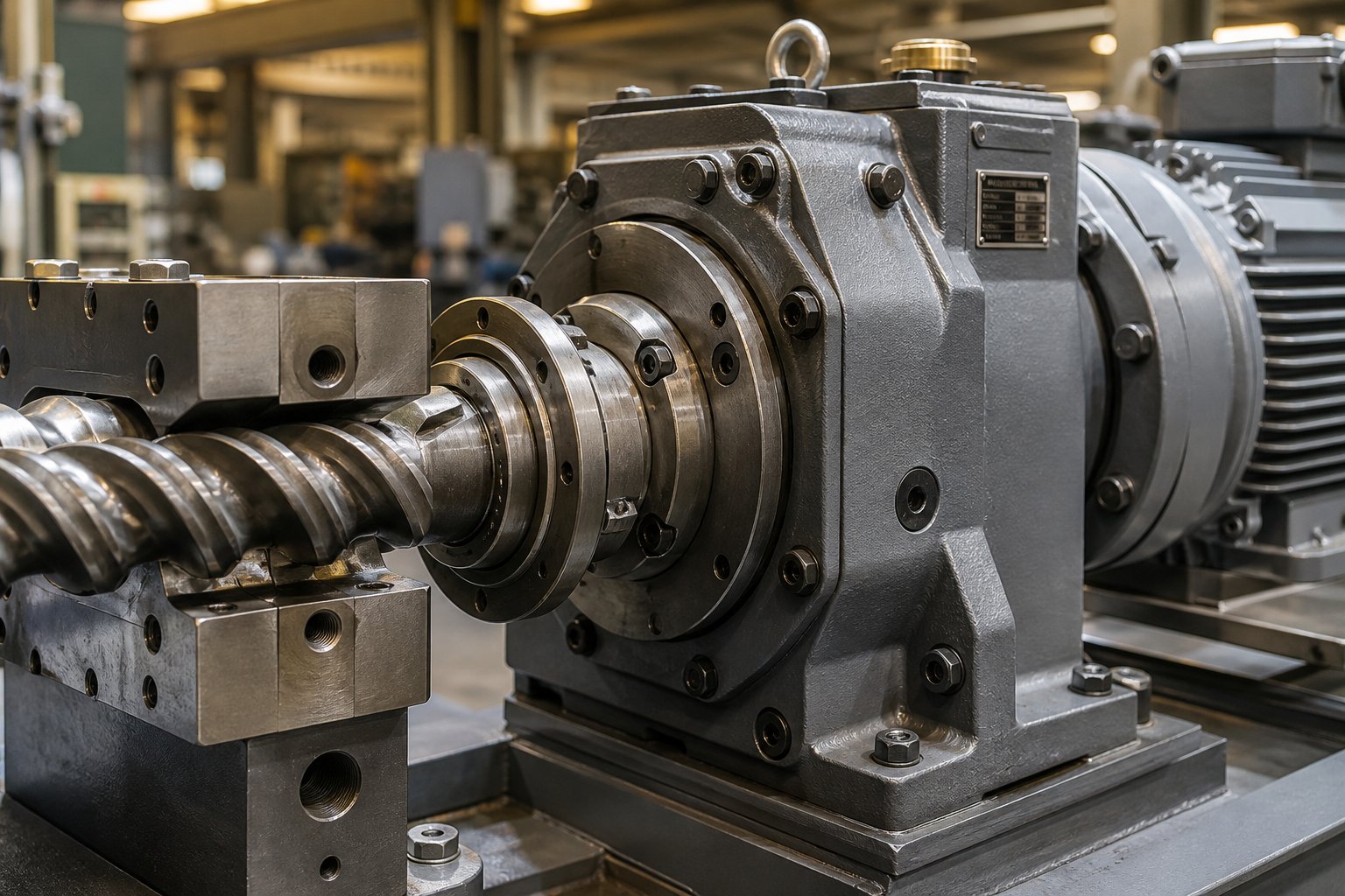 high torque gearbox and direct drive motor assembly powering a pvc twin screw extruder