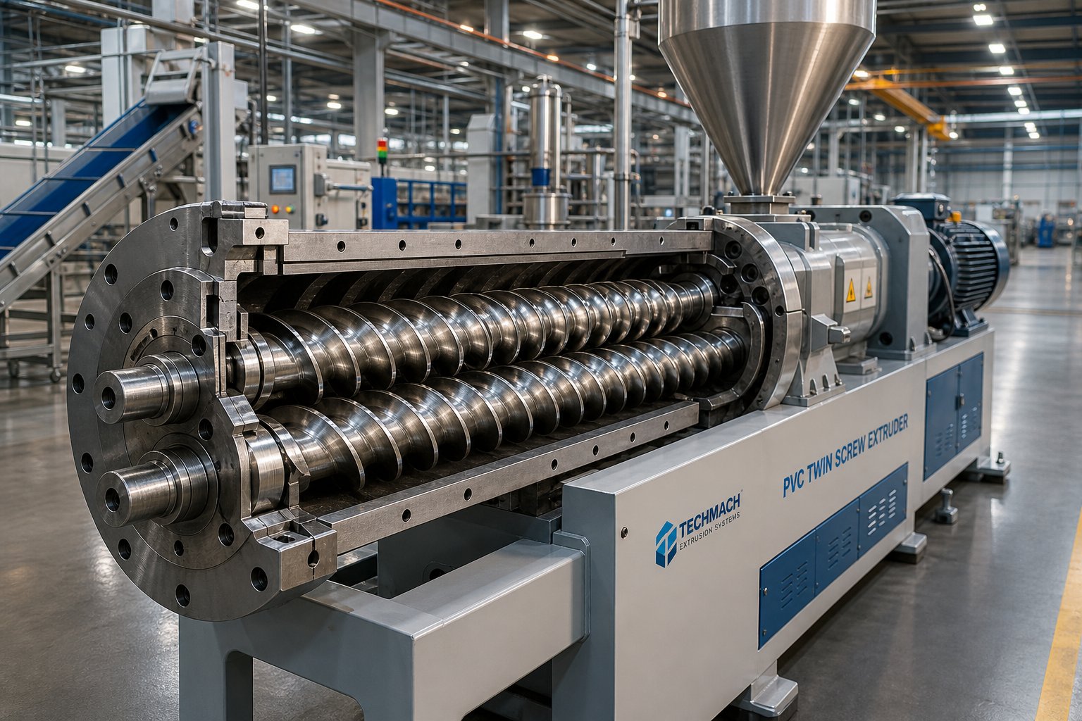 pvc twin screw extruder with intermeshing screws inside a heated barrel for pipe profile and sheet production