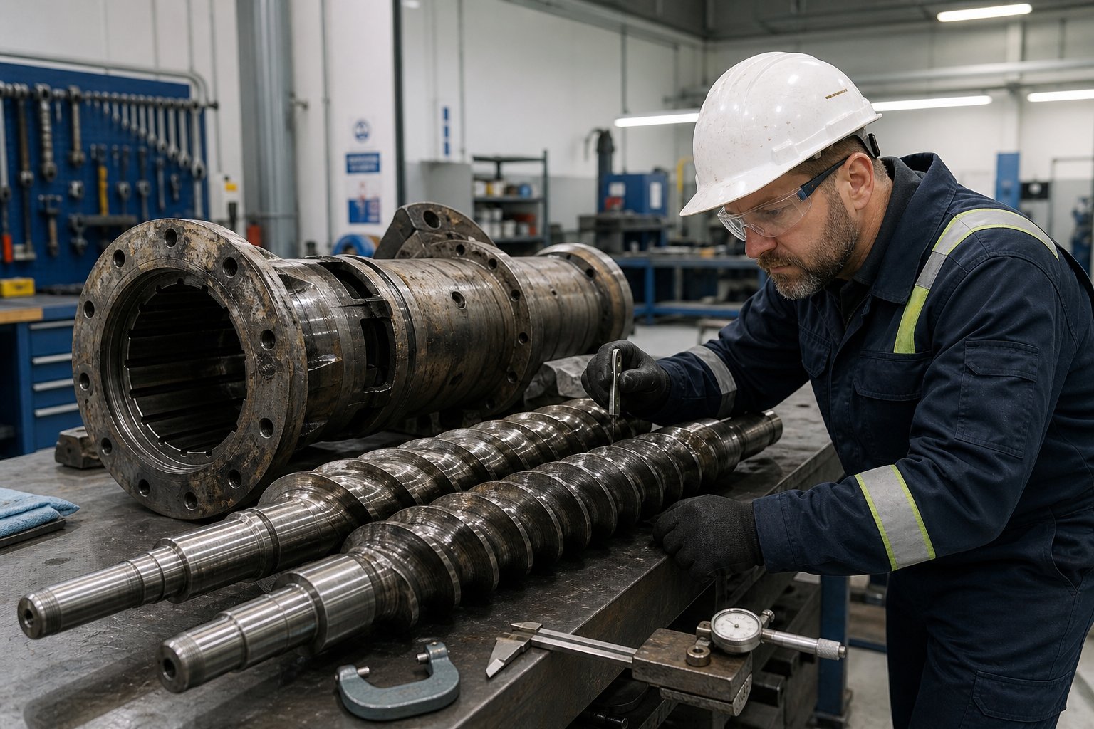 routine inspection of twin screw and barrel components to detect wear and maintain pvc extrusion quality