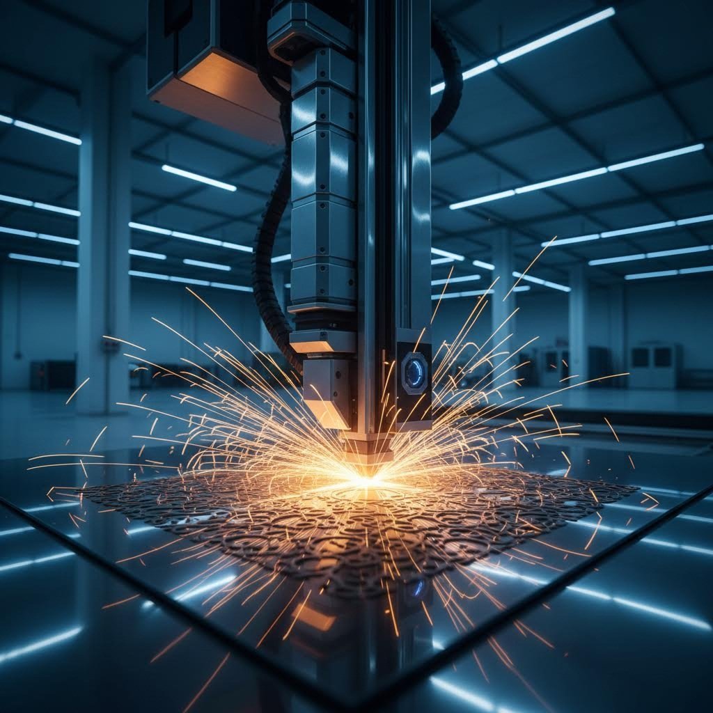 fiber laser cutting machine creating precision metal parts with brilliant sparks