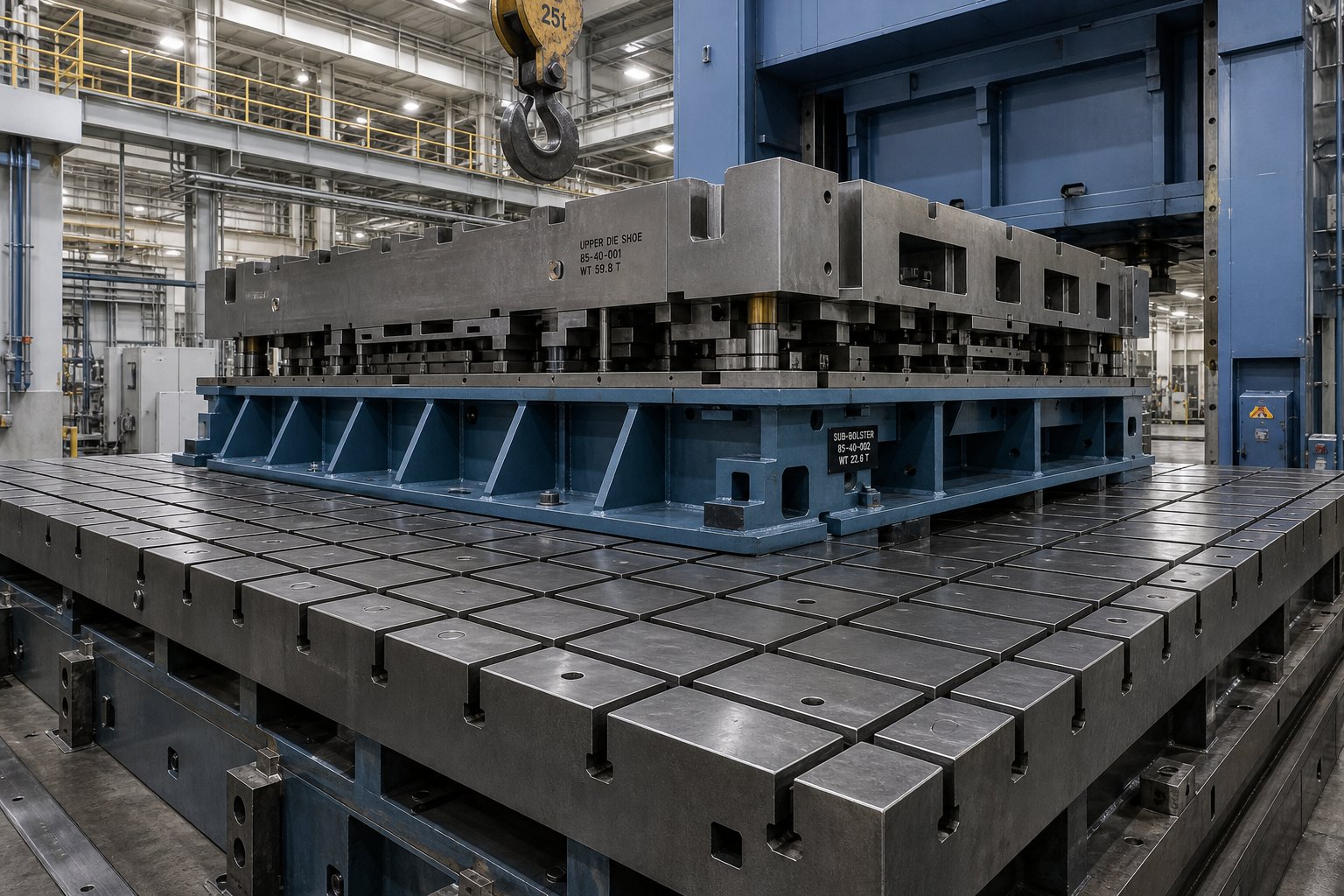 bolster plate and sub bolster grid configuration providing layered structural support for large format die stamping