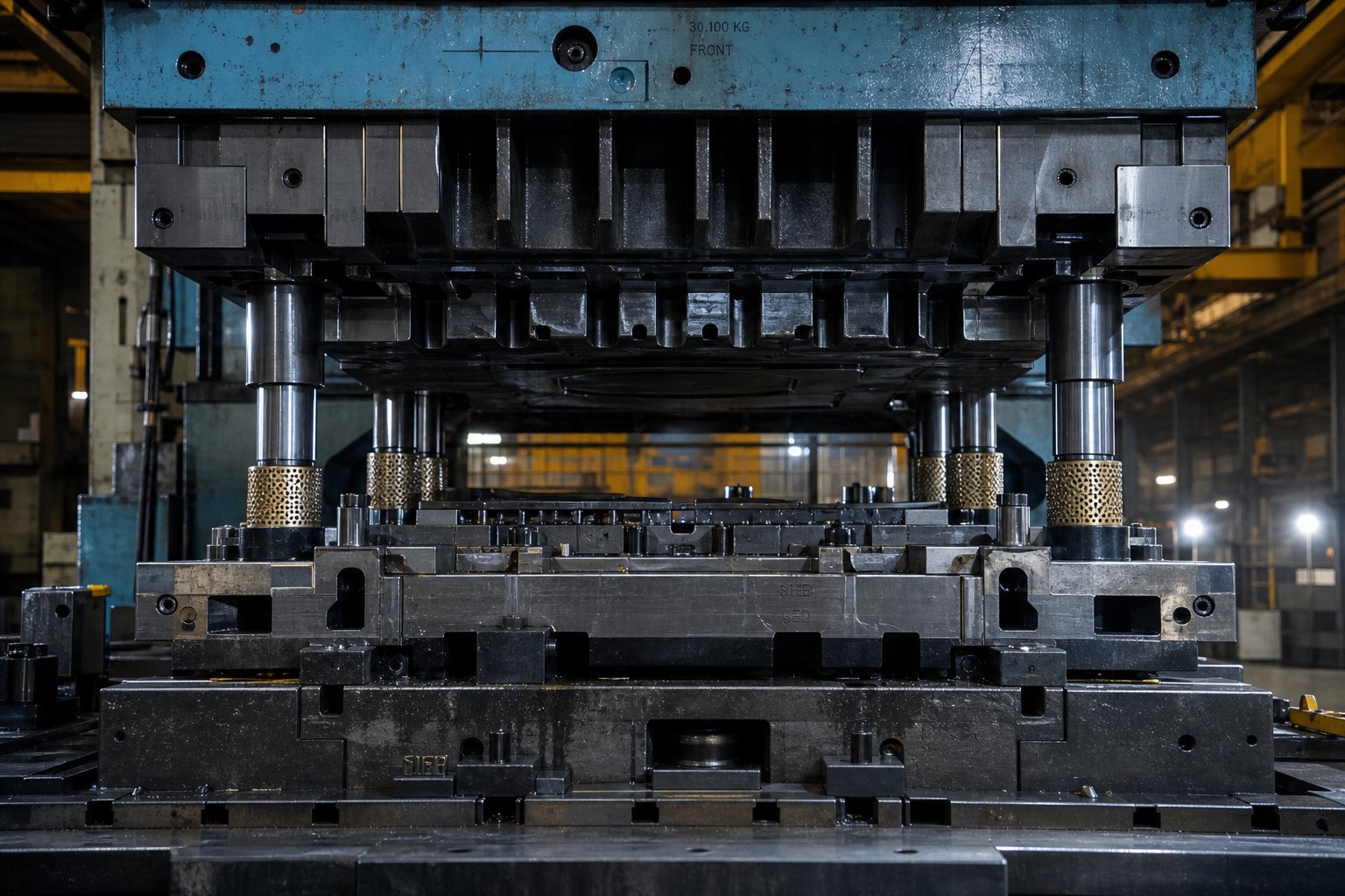 large format die set with ribbed die shoes and bolster support infrastructure inside a heavy tonnage stamping press