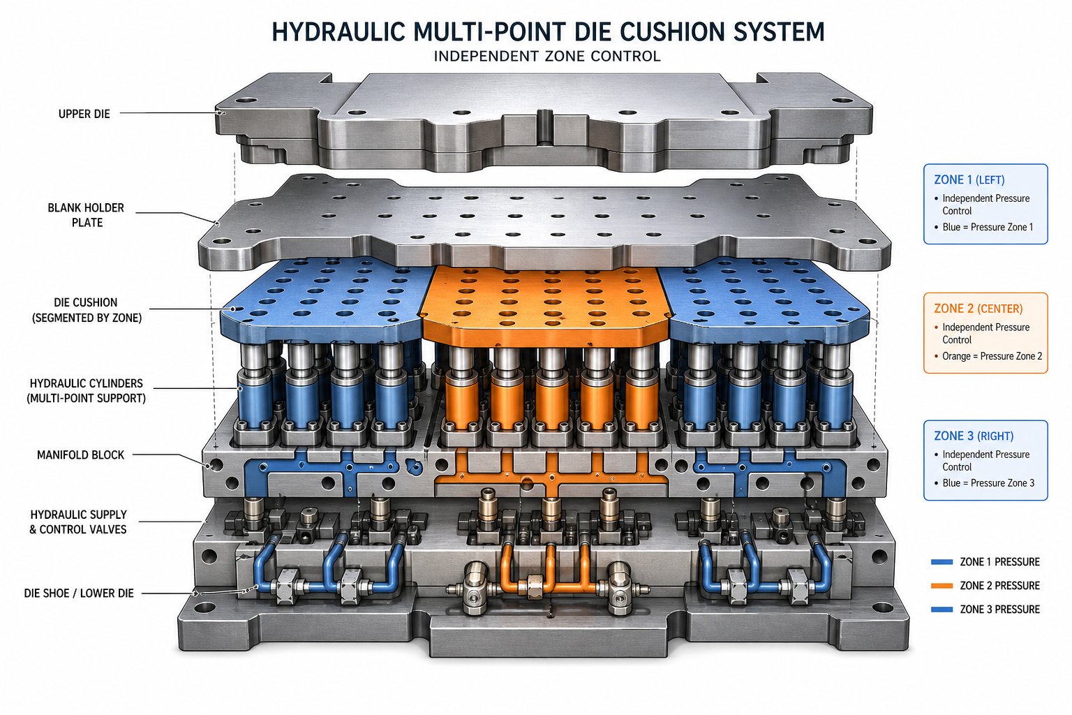 multi zone hydraulic die cushion system distributing independent blank holder pressure across an extended die face