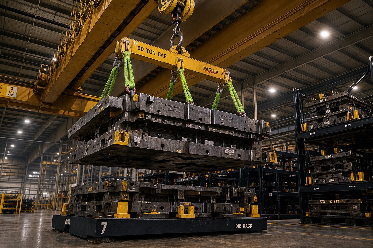 overhead crane rigging a large segmented die set onto engineered storage infrastructure in a stamping facility
