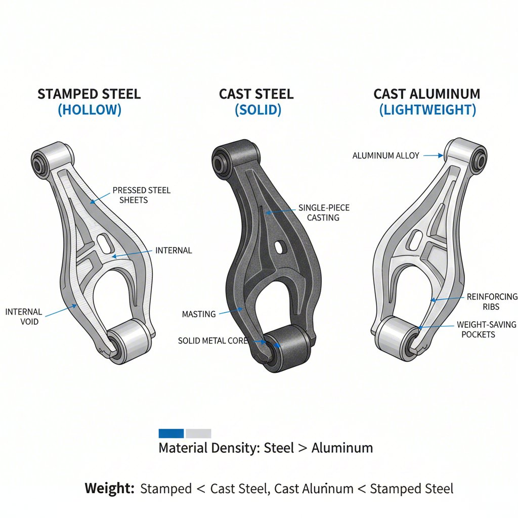 diagram comparing the construction of stamped steel cast steel and aluminum control arms