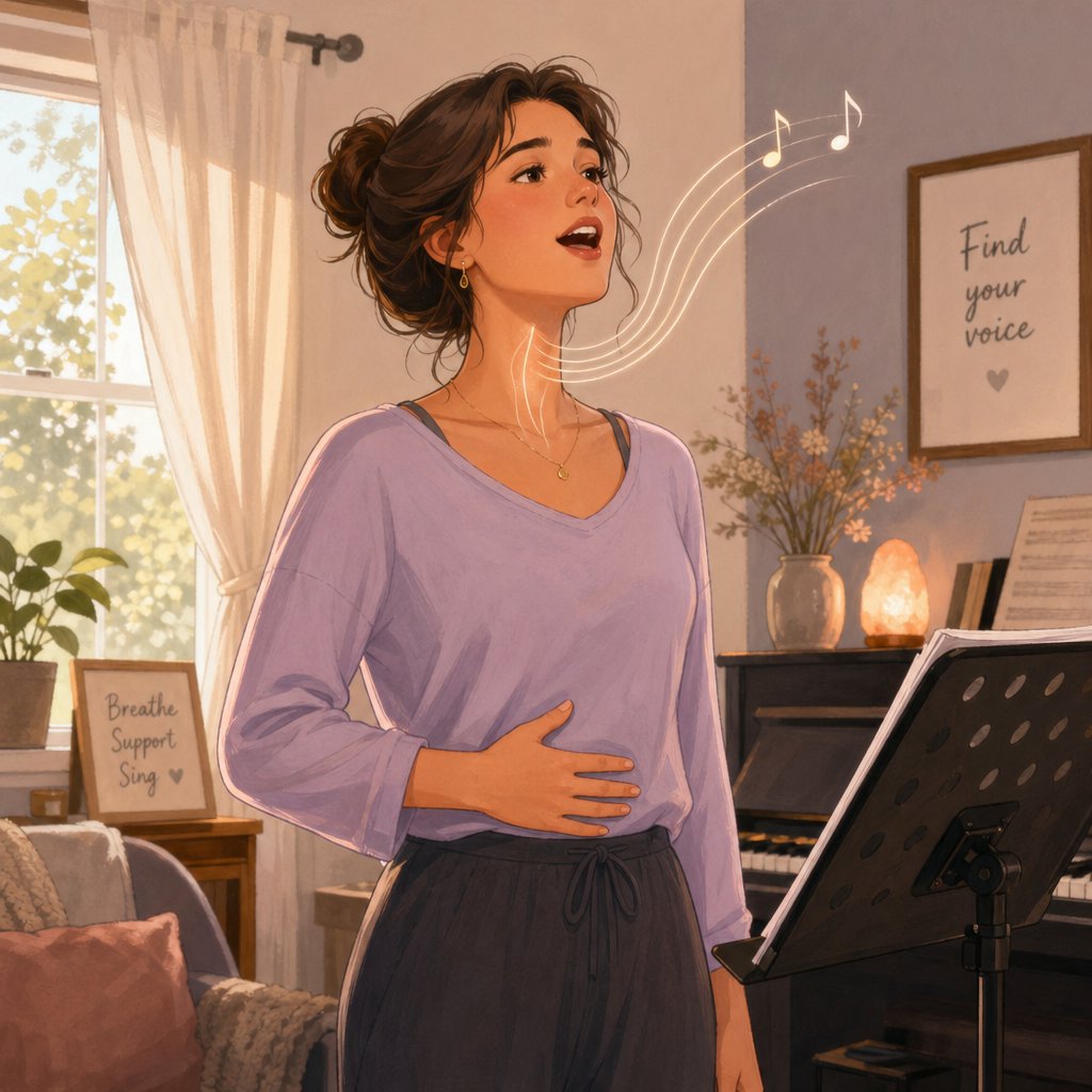 a singer practicing falsetto exercises with relaxed posture and diaphragmatic breath support in a comfortable practice setting