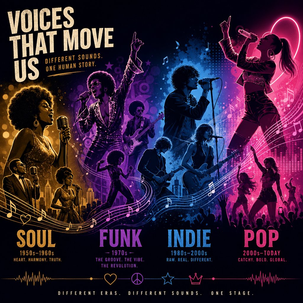 artistic representation of falsetto singers across genres from soul and rock to k pop and indie each bringing unique emotional color to the technique