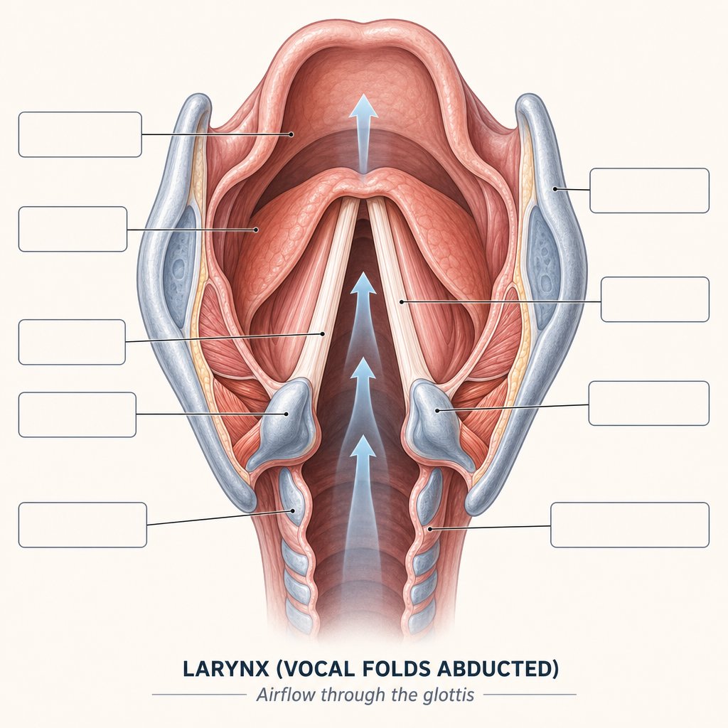 simplified cross section of the larynx showing thin vocal fold edges vibrating with incomplete closure during falsetto production