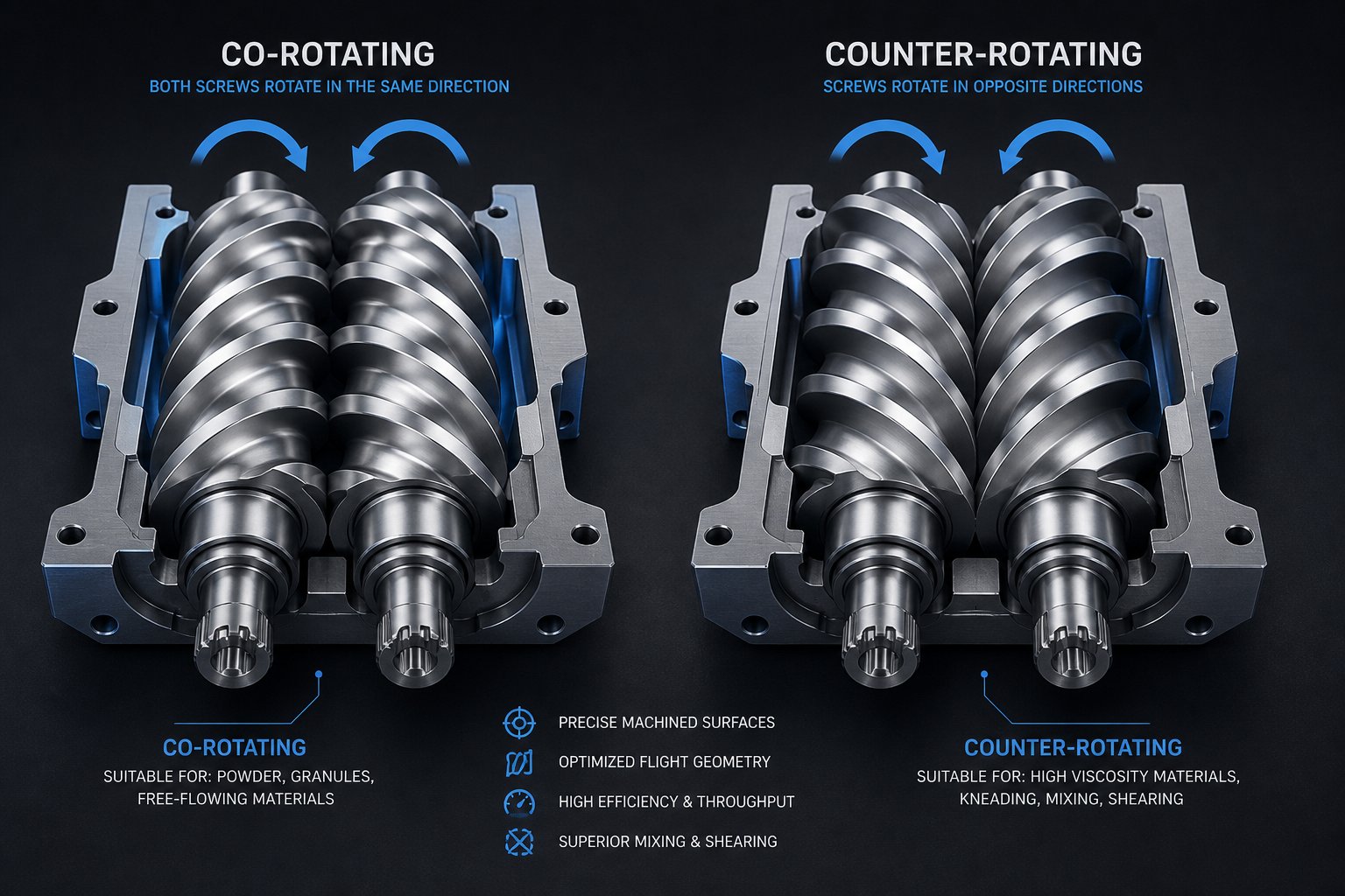 co rotating and counter rotating twin screw configurations showing opposite rotation directions and intermeshing geometry