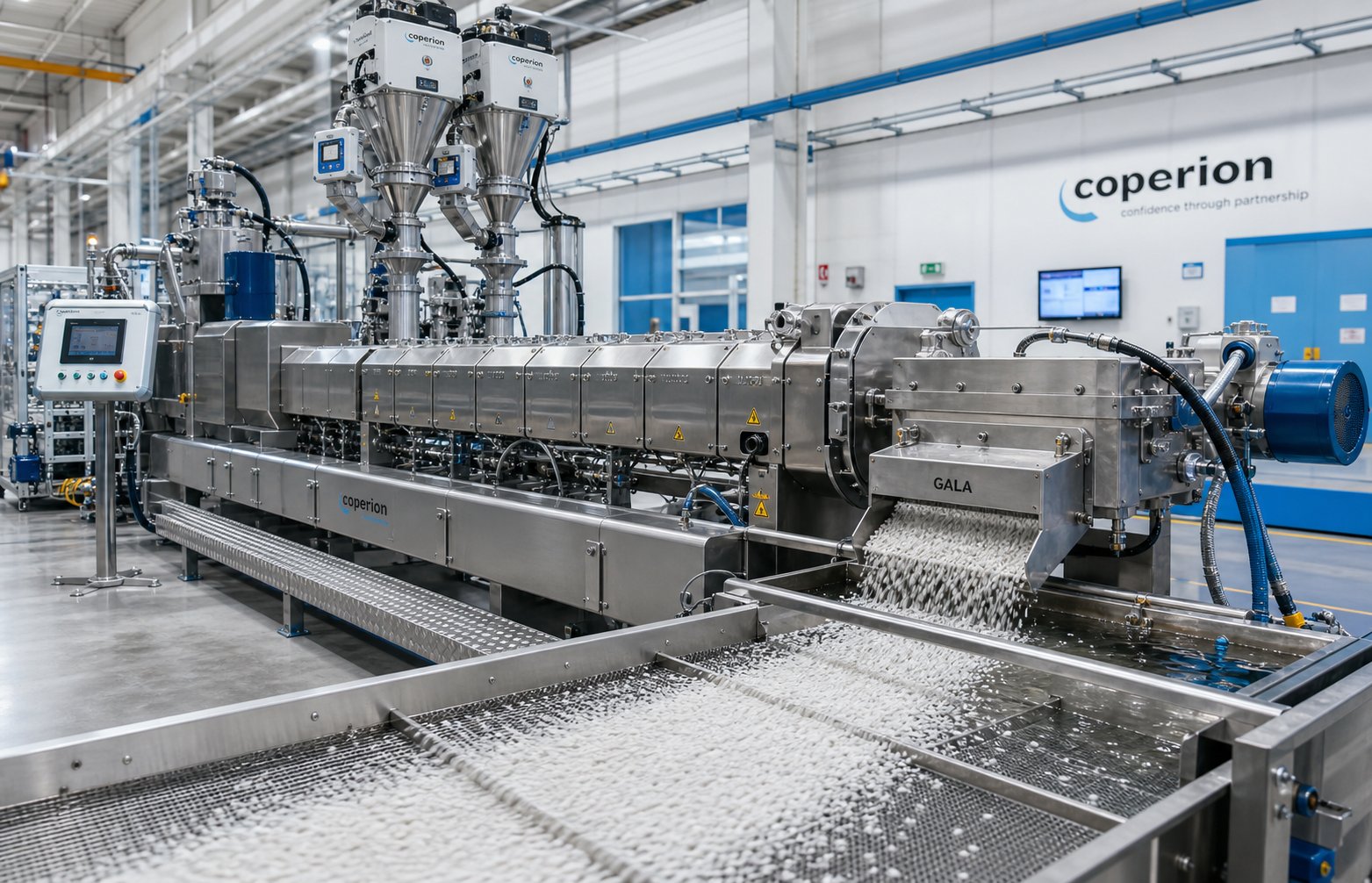 complete twin screw compounding line showing upstream feeding extrusion barrel and downstream strand pelletizing system