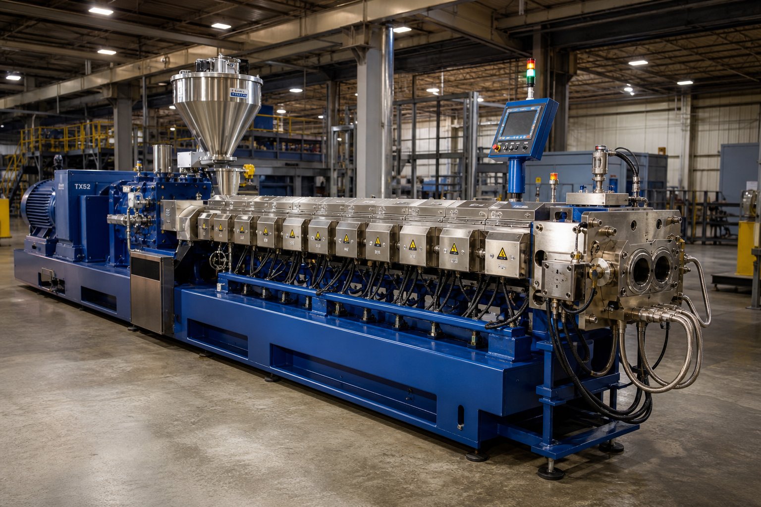 industrial twin screw extruder showing the segmented barrel feed hopper and die exit in a polymer compounding facility