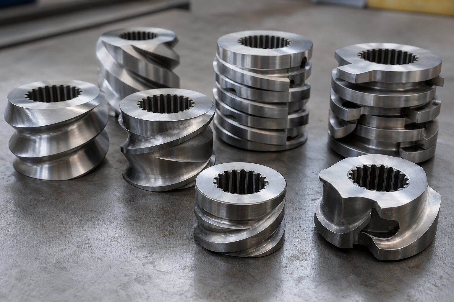 modular twin screw elements including conveying flights kneading blocks and reverse elements arranged for profile assembly