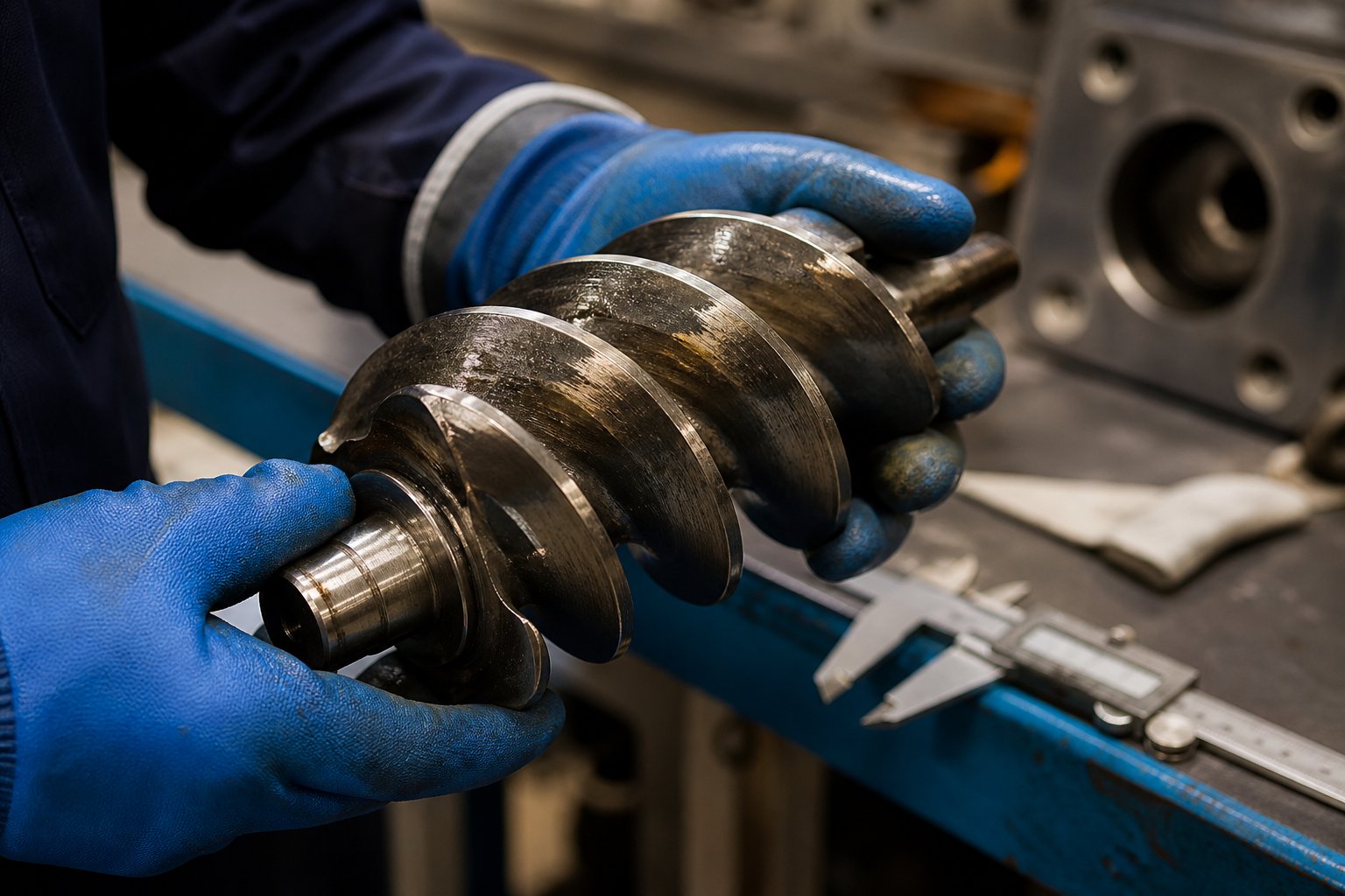 technician inspecting a twin screw element for flight tip wear during routine extruder maintenance