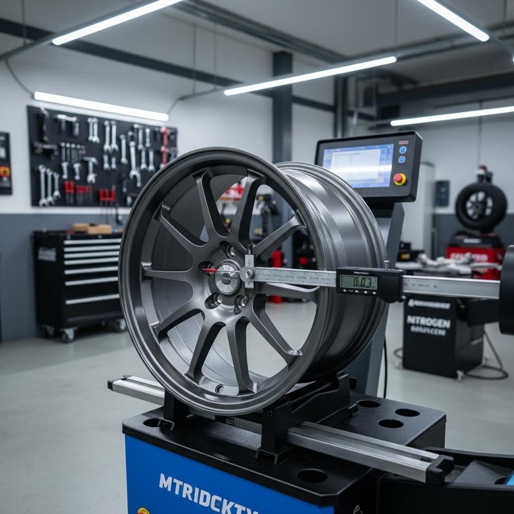 precision dial indicator testing measures wheel runout to detect bends invisible to visual inspection