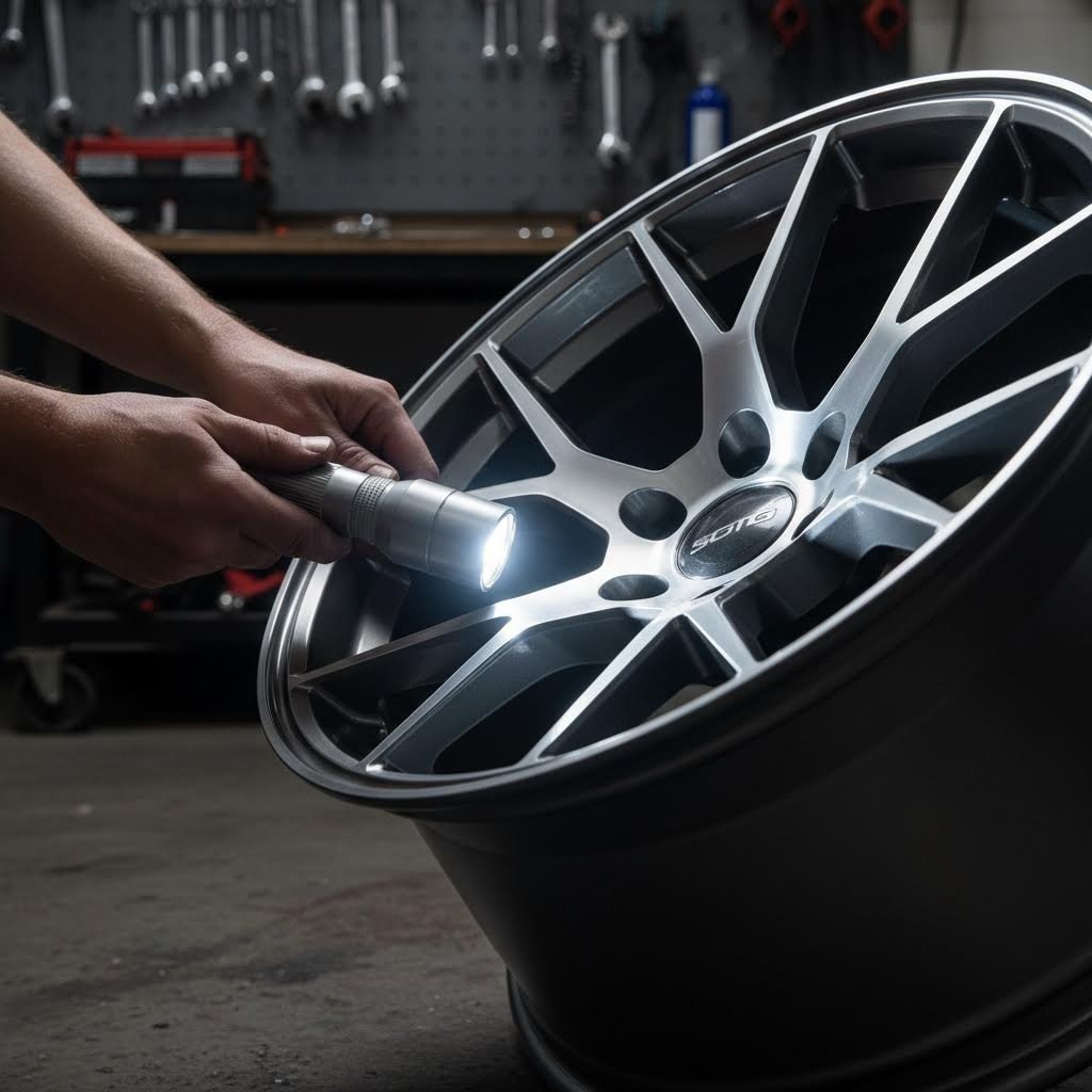 professional inspection of a forged aluminum wheel using proper lighting techniques to detect hidden damage