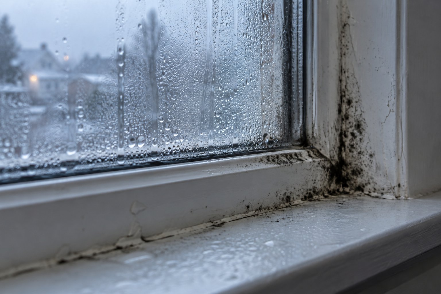black mould forming along a window seal where condensation collects on cold mornings