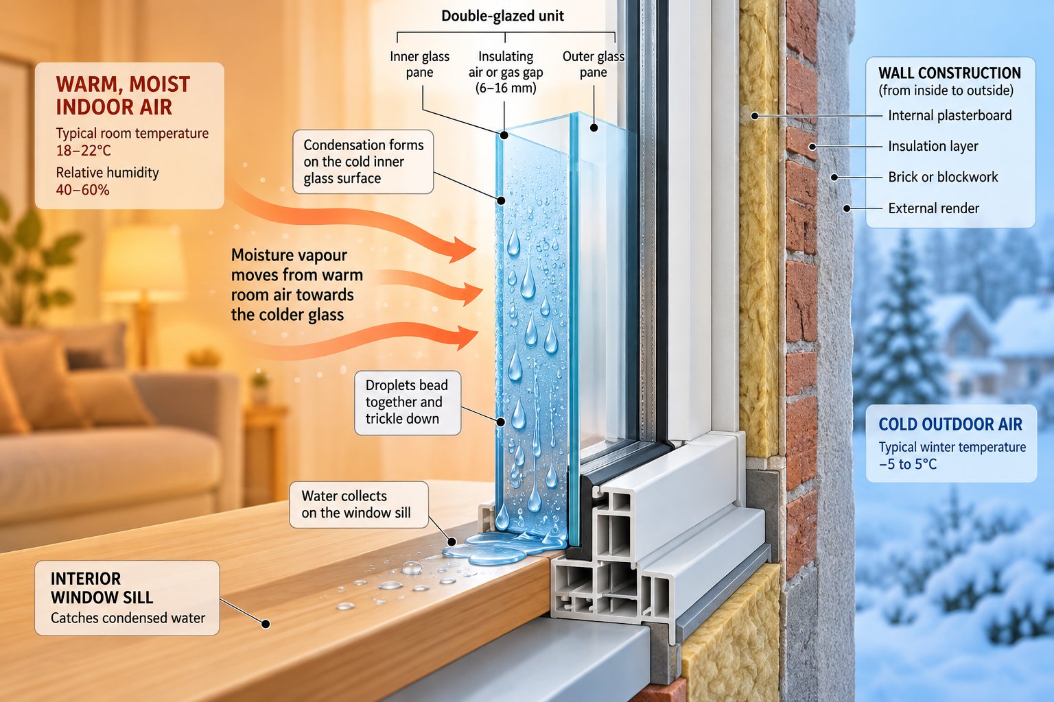 how warm indoor air meets cold glazing to create the condensation that fuels window mould